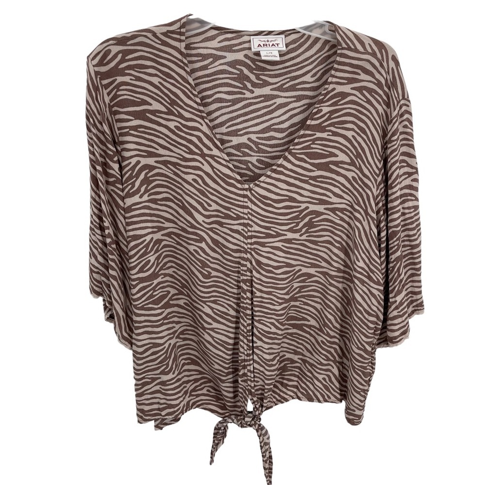 Ariat tie-front v-neck zebra print blouse top women’s size Large taupe